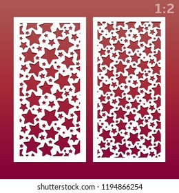 Laser cut panels with pattern of stars, templates for wood carving, cutout paper decorative element, background for wedding invitation card.