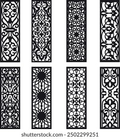 Laser cut panels, patterns, laser cut files, geometric panel, lightburn laser cut panel files, floral and plant motifs, Template for plotter laser cutting of paper, metal engraving.