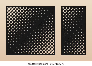 Laser cut panels set. Abstract geometric pattern with circles, halftone dots, grid, diagonal gradient transition. Decorative stencil for laser cutting of wood, metal, paper. Aspect ratio 1:1, 1:2