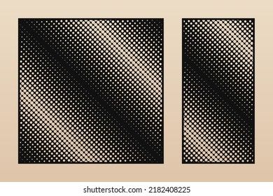 Laser cut panels set. Abstract geometric pattern with circles, halftone dots, grid, diagonal gradient transition effect. Decorative stencil for laser cutting of wood, metal. Aspect ratio 1:1, 1:2