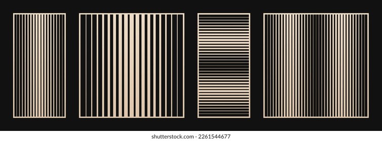 Laser cut panels set. Abstract geometric patterns collection with halftone lines, stripes, gradient transition. Decorative stencil for laser cutting of wood, metal, paper. Aspect ratio 1:2, 1:1