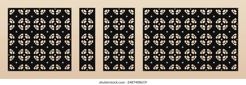 Conjunto de paneles cortados por láser. Abstractas patrón geométrico con rejilla floral, celosía en estilo oriental. Plantilla decorativa para corte CNC de madera, metal, papel. Adorno islámico. Relación de aspecto 1:1, 1:4, 1:2, 3:2