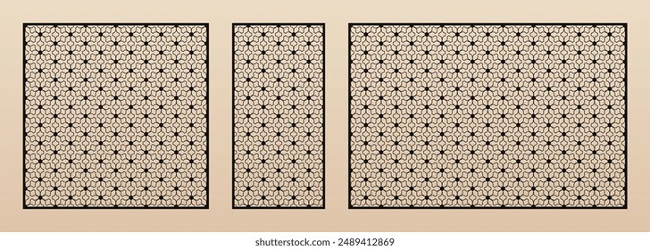 Laser cut panels set. Abstract geometric pattern with elegant floral lattice, mesh. Decorative template for laser cutting, CNC cut of wood, metal, paper. Islamic ornament. Aspect ratio 1:1, 1:2, 3:2