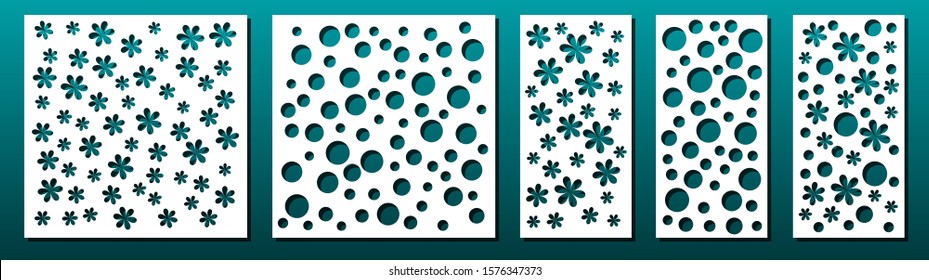 Laser cut panels, set of templates. Geometric pattern. For metal cutting stencil, paper art, card background design, wood carving, fretwork. Vector illustration.