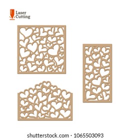 Laser cut panels set. Vector collections frame templates with hearts for cut on laser machine. Art silhouette design. Vector card illustration for design of valentines, invitation, love gift