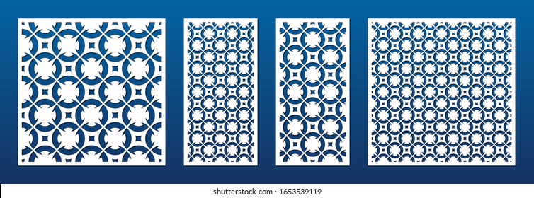 Laser cut panels set. Vector template with abstract ornamental geometric pattern in oriental style, floral grid. Decorative stencil for laser cutting of wood, metal, engraving. Aspect ratio 1:1, 1:2