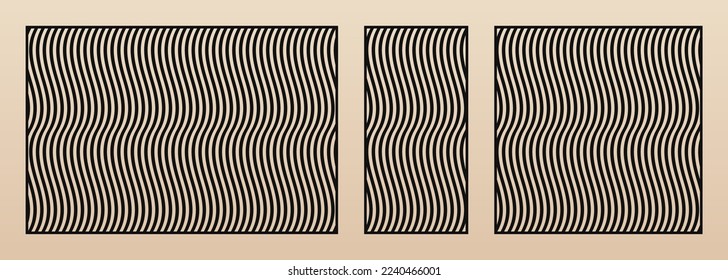 Laser cut panels set. Vector stencil with abstract geometric pattern, thin wavy lines, vertical stripes. Elegant swatch for laser cutting of wood, metal, plastic, paper. Aspect ratio 3:2, 1:2, 1:1