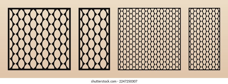 Laser cut panels set. Vector template. abstract geometric pattern with delicate rounded grid, mesh, lattice ornament. Decorative stencil for CNC cutting of wood, metal, paper. Aspect ratio 1:1, 1:2