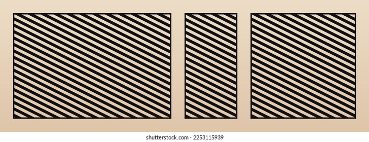 Juego de paneles de corte láser. Plantilla vectorial con patrón geométrico abstracto simple, líneas diagonales, rayas paralelas. Lápiz decorativo para corte láser de madera, metal, plástico. Relación de aspecto 3:2, 1:2, 1:1