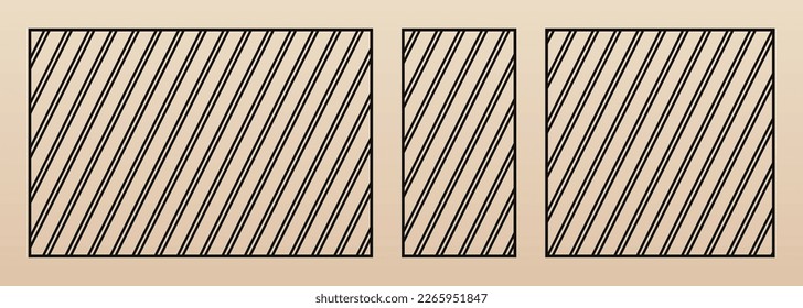 Laser cut panels set. Vector template with simple abstract geometric pattern, diagonal parallel lines, stripes. Decorative stencil for laser cutting of wood, metal, plastic. Aspect ratio 3:2, 1:1, 1:2