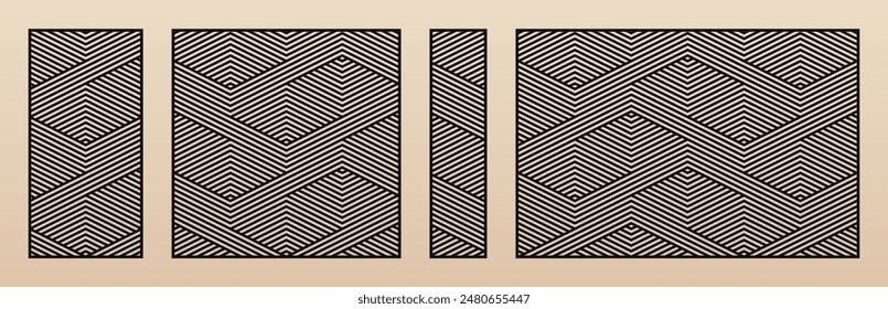 Laser cut panels set. Vector stencil with abstract geometric pattern, diagonal stripes, zigzag lines, chevron. Swatch for laser cutting of wood, metal, plastic, paper. Aspect ratio 1:2, 1:1, 1:4, 3:2