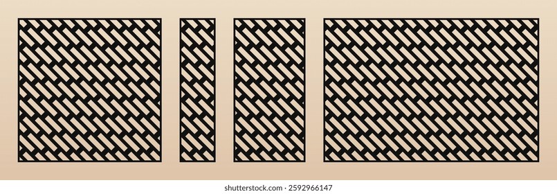 Laser cut panels set. Vector template with abstract geometric pattern, paving stones texture, brick wall, diagonal grid. Stencil for CNC cutting of wood, metal, paper. Aspect ratio 1:1, 1:4, 1:2, 3:2