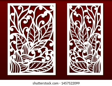 Laser cut panels. Stencil for fretwork, wood or metal decorative cutout, paper templates. Useful for home interior decoration, card engraving or carving design. Floral pattern , vector set.