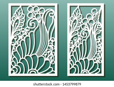 Laser cut panels. Stencil for interior wood or metal décorative cutout, paper art , fretwork or carving, card engraving template. Ornate with floral pattern, underwater world design. Vector set.