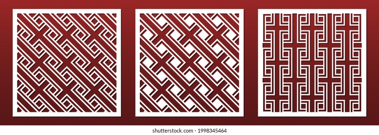 Laser cut panels, stencils for CNC cutting craft. Modern geometric pattern. Room dividers, privacy screens, fence panels for balcony or terrace. Paper art background. Vector illustration