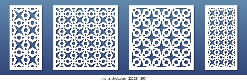 Laser cut panels, stencils for CNC cutting craft. Modern geometric pattern. Room dividers, privacy screens, fence panels for balcony or terrace. Paper art background. Vector illustration