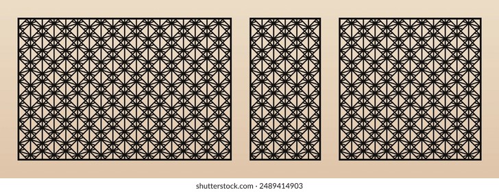 Laser cut panels. Template with abstract geometric pattern, delicate grid, lines, diamonds, squares, triangles. Vector decorative stencil for laser cutting of wood, metal. Aspect ratio 3:2, 1:2, 1:1