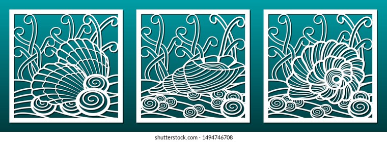 Laser cut panels templates, underwater world design pattern, seashells and  weeds. For metal or wood cutting or carving stencil or die, fretwork, paper art, for interior or card décor, Vector set