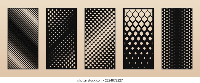 Laser cut panels. Trendy collection of abstract geometric patterns with circles, halftone dots, grid, gradient transition. Decorative stencil for laser cutting of wood, metal, paper. Aspect ratio 1:2