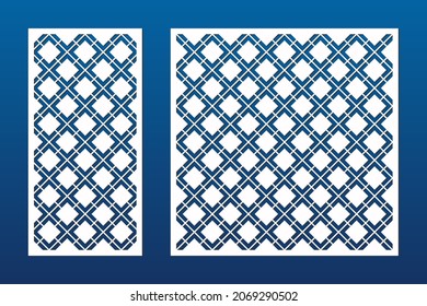 Laser cut panels. Vector abstract geometric patterns with square grid, net, lattice, diamond shapes. Modern template for cnc cutting, decorative panels of wood, metal, paper. Aspect ratio 1:2, 1:1