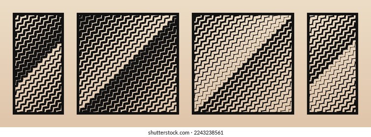 Laserschnittplatten. Abstrakte Vektormuster mit Diagonallinien, Halbtonstreifen, Zickzack, Chevron, Farbverlauf-Übergang. Dekorative Schablone zum CNC-Schneiden von Holz, Metall. Seitenverhältnis 1:2, 1:1