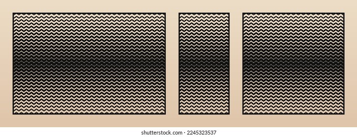 Laser cut panels. Vector abstract patterns set with halftone stripes, lines, zigzag, chevron, gradient transition effect. Decorative stencil for CNC cutting of wood, metal. Aspect ratio 3:2, 1:2, 1:1