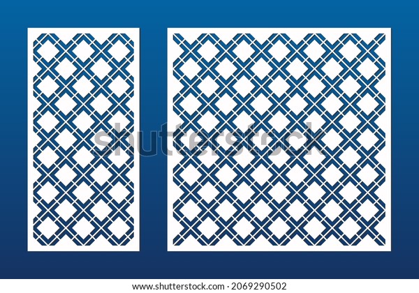 Laser cut panels. Vector abstract geometric patterns\
with square grid, net, lattice, diamond shapes. Modern template for\
cnc cutting, decorative panels of wood, metal, paper. Aspect ratio\
1:2, 1:1