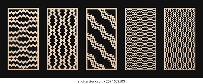 Laser cut panels. Vector set of abstract geometric patterns with zigzag lines, chevron, stripes, grid. Modern decorative stencil for CNC cutting of wood, metal, paper, plastic. Aspect ratio 1:2