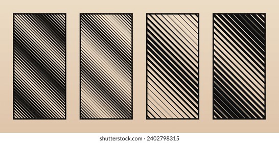 Laser cut panels. Vector set of abstract geometric patterns with diagonal halftone line, stripes, gradient transition. Modern decorative stencil for CNC cutting of wood, metal, paper. Aspect ratio 1:2