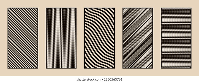 Laser cut panels. Vector stencil with abstract geometric patterns, diagonal wavy lines, stripes. Modern decorative templates for laser, CNC cutting of wood, metal, plastic, paper. Aspect ratio 1:2