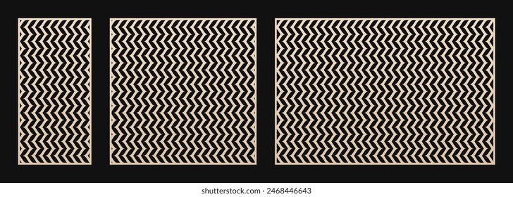 Paneles cortados por láser. Esténcil de Vector con patrón geométrico abstracto, rayas de Vertical, líneas onduladas de zig zag, chevron. Muestrario para corte por láser de madera, metal, plástico, papel. Relación de aspecto 1:2, 1:1, 3:2