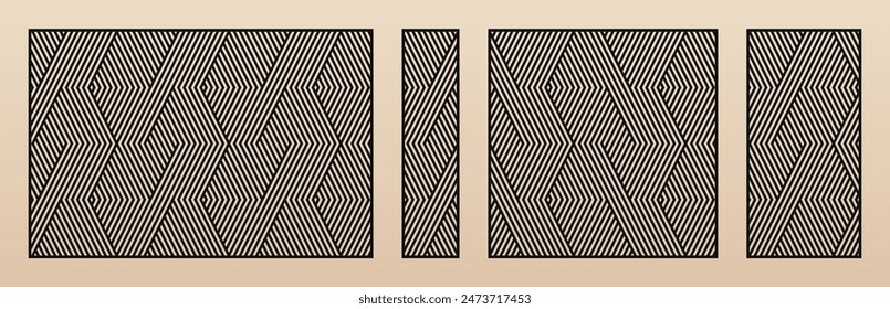 Laser cut panels. Vector stencil with abstract geometric pattern, stripes, zigzag lines, chevron. Swatches for laser cutting of wood, metal, plastic, paper, plywood. Aspect ratio 3:2, 1:4, 1:1, 1:2