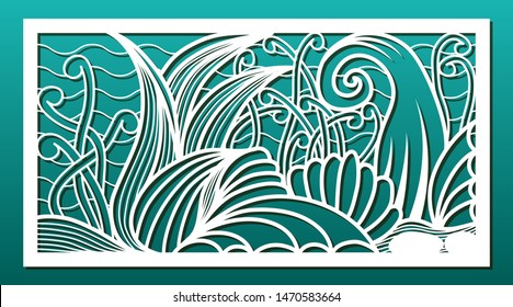 Laser cut panels, vector. Template or stencil for  metal cutting, wood carving, paper art, fretwork, card engraving or home interior decor. Abstract pattern with underwater sea world design.