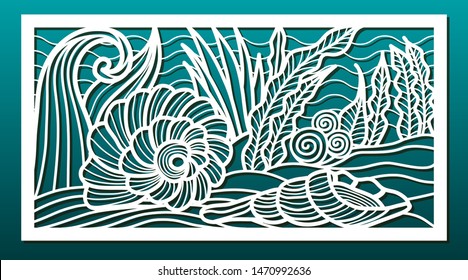 Laser cut panels, vector. Template or stencil for  metal cutting, wood carving, paper art, fretwork, card engraving or home interior decor. Abstract pattern with underwater sea world design.