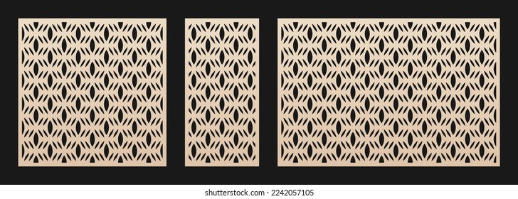 Laser cut panels. Vector template. Abstract geometric patterns set with delicate grid, mesh, lattice ornament. Decorative stencil for CNC cutting of wood, metal, paper. Aspect ratio 1:1, 1:2, 3:2