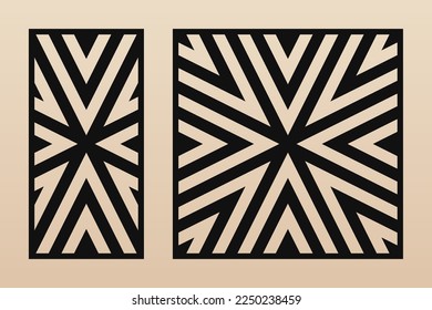 Laser cut panels. Vector template with abstract geometric pattern, lines, stripes, chevron. Trendy geometric panel set. Decorative stencil for laser cutting of wood, metal. Aspect ratio 1:2, 1:1