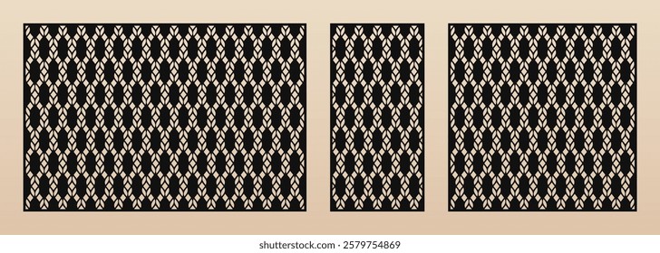 Laser cut panels. Vector template with abstract geometric pattern. Elegant grid, mesh, lattice, ropes ornament. Decorative stencil for laser cutting of wood, metal, plywood. Aspect ratio 3:2, 1:2, 1:1