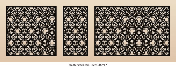 Laser cut panels. Vector templates with abstract geometric pattern, elegant Oriental floral ornament. Decorative stencil for laser cutting of wood, metal, paper, plastic. Aspect ratio 1:1, 1:2, 3:2