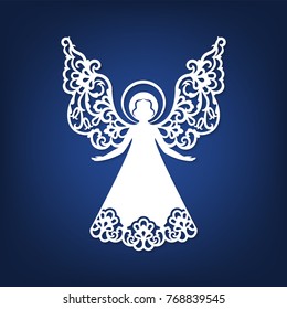 Laser cut paper Christmas angel decoration vector design. Greeting Card for holidays for wood carving, paper cutting and Easter decorations. Beautiful applique. Abstract Isolated vector objects.