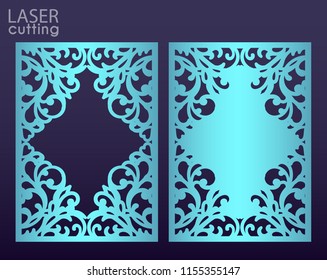 Laser cut paper greeting card with lace border. Wedding invitation or greeting card template. Openwork photo frame.