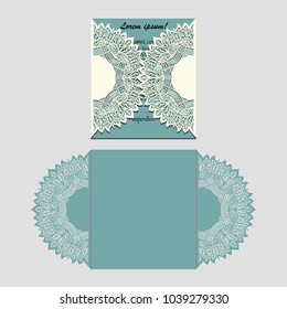 Laser cut paper lace folding card with mandala element. Cutting template for wedding invitation or card designs. Vector illustration