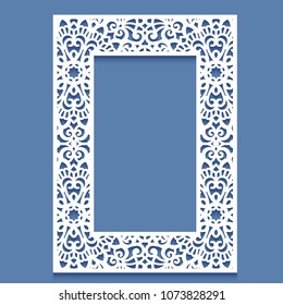 Laser cut paper lace frame, vector illustration. Ornamental cutout photo frame with pattern. Abstract vintage background. Element for wedding invitation and greeting card.