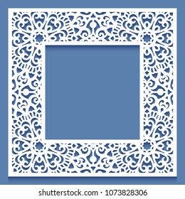Laser cut paper lace frame, vector illustration. Ornamental cutout photo frame with pattern. Abstract vintage background. Element for wedding invitation and greeting card.