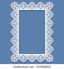 Laser cut paper lace frame, vector illustration. Ornamental cutout photo frame with pattern. Abstract vintage background. Element for wedding invitation and greeting card.