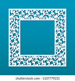 Laser cut paper lace frame, vector illustration. Ornamental cutout photo frame with pattern. Abstract vintage background. Element for wedding invitation and greeting card.