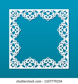 Laser cut paper lace frame, vector illustration. Ornamental cutout photo frame with pattern. Abstract vintage background. Element for wedding invitation and greeting card.