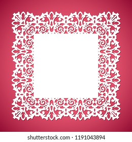 Laser cut paper lace frame, vector illustration. Ornamental cutout photo frame, template for cutting. Abstract vintage background. Element for wedding invitation and greeting card.