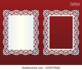 Laser cut paper lace frame, vector illustration. Ornamental cutout photo frame with pattern. Abstract vintage background. Element for wedding invitation and greeting card.