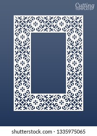 Laser cut paper lace frame, vector illustration. Ornamental cutout photo frame with pattern. Abstract vintage background. Element for wedding invitation and greeting card.