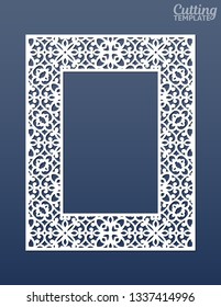 Laser cut paper lace frame, vector illustration. Ornamental cutout photo frame with pattern. Abstract vintage background. Element for wedding invitation and greeting card.